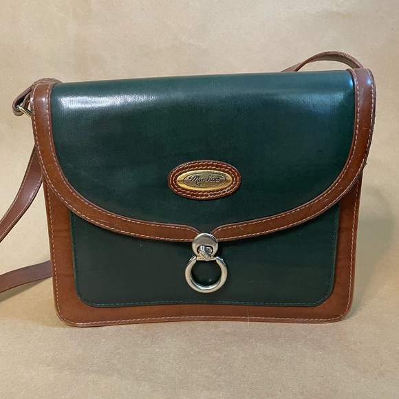DESIGNER MARCHINO LEATHER TRIM SHOULDER BAG MULTI-POCKETED GREEN & BROWN - Picture 1 of 6